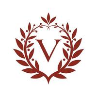 V Letter Logo Inside a Round Leafy Wreath vector