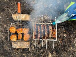 Roasts pork shish kebab and chicken shish kebab in nature. Roasting pork skewers on skewers and roasting chicken skewers on a grill on an open fire flame photo