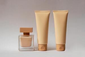 Close-up of a set of perfumed water, cream-colored shower gel in a gift box . Close-up photo on a white background