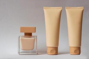 Close-up of a set of perfumed water, cream-colored shower gel in a gift box . Close-up photo on a white background