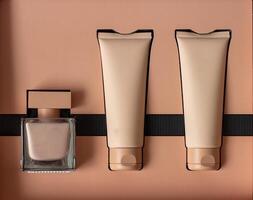 Close-up of a set of perfumed water, cream-colored shower gel in a gift box . Close-up photo on a white background