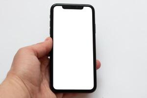 View of the phone screen with a mock up on a white isolated background photo