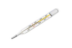 Mercury-in-glass thermometer with temperature mark 39 C isolated on white photo