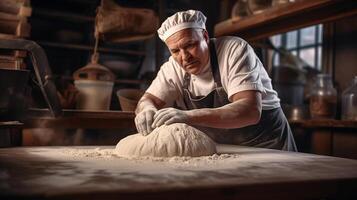 Portrait of a male chef or baker in the kitchen kneading dough with his hands. photo