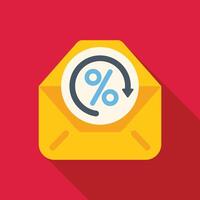 Yellow envelope containing a percentage symbol with a circular arrow, symbolizing cash back and refund policy vector