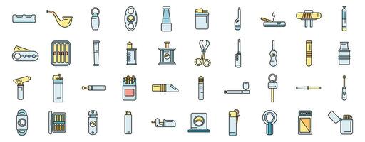 Cigarette and cigar accessories icons set vector color line