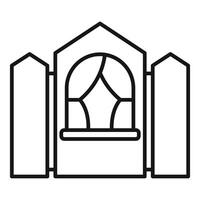 Small medieval window with curtains is behind a wooden fence vector