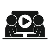 Two business people watching video tutorial during business meeting vector