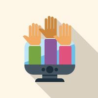 People raising hands behind computer screen participating online vector