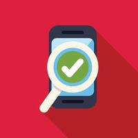 Magnifying glass analyzing smartphone showing validation check mark vector
