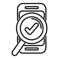 Magnifying glass hovering over smartphone displaying check mark icon symbolizing mobile phone verification vector