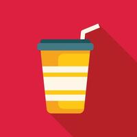 Yellow paper cup with lid and straw standing on red background vector