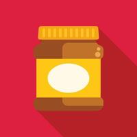 Closed glass jar with yellow label and brown content is standing on red background vector