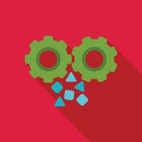 Two green gears generating blue data points on a red background vector