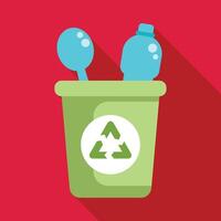 Plastic bottle and spoon being disposed of in recycling bin vector