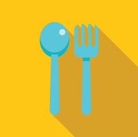Blue spoon and fork casting long shadow on yellow background vector