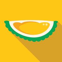 Durian slice showing ripe yellow flesh on yellow background vector