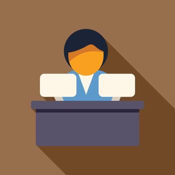 Office worker sitting at desk using two monitor computers icon vector