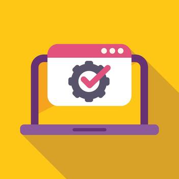 ordenador portátil demostración software actualizar disponibilidad con rueda dentada y cheque marca icono vector