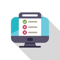Online survey or checklist on a computer screen with checkmark and cross marks, flat design icon with long shadow vector