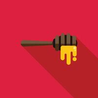 Wooden honey dipper dripping with golden honey on red background vector