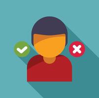 Man choosing between right and wrong options with checkmark and cross mark icons vector