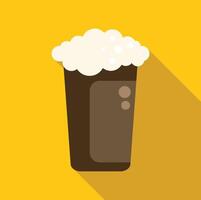 Dark beer with foam overflowing glass on yellow background vector