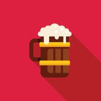Wooden beer mug overflowing with beer on a red background vector
