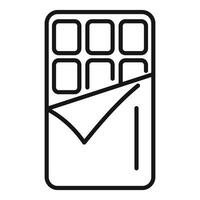 Chocolate bar partially wrapped in foil with visible chocolate squares icon vector
