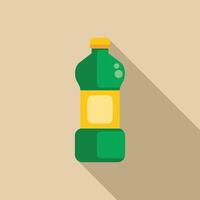 Green plastic bottle with yellow label containing liquid is standing on the table vector