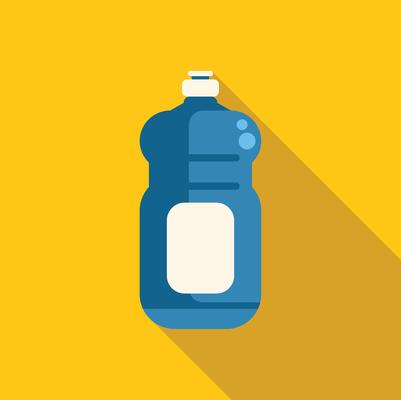 Blue plastic detergent bottle with blank label and bubbles on yellow background