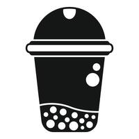 Plastic cup with lid full of bubble tea boba black icon vector