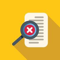 Magnifying glass is detecting an error in a document with a red cross symbol vector