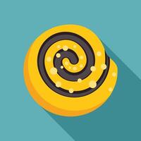 Delicious round bun covered with chocolate glaze is lying on blue background vector