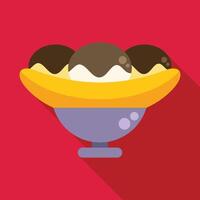 Banana split dessert served in a bowl on red background vector