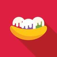 Banana split dripping with ice cream on red background vector