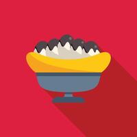 Banana split sundae with whipped cream drizzled with chocolate syrup on a red background vector