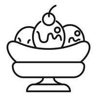 Banana split dessert icon showing three scoops of ice cream with syrup and a cherry on top vector