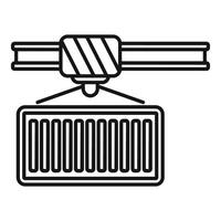 Simple black and white line art of an overhead crane lifting a shipping container vector