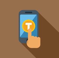 Person using smartphone for online transaction with tenge symbol vector