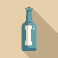 Glass bottle containing a rolled up paper message with long shadow vector