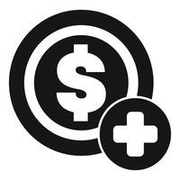 Black and white dollar coin increasing value with plus sign vector