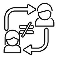 Business people discussing representing communication breakdown with arrows and crossed out speech bubble vector