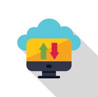 Computer displaying uploading and downloading arrows with cloud backup above vector