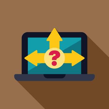 ordenador portátil demostración pregunta marca y flechas señalando diferente direcciones vector