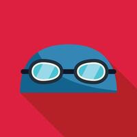 Blue swimming cap and goggles resting on red background vector