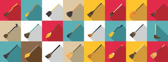 Broomstick icons set. Collection of different brooms for cleaning and performing magic rituals with long shadow on colorful backgrounds in flat style vector