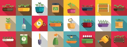 Growing microgreens icons set. Seedling growing in pots and planters with garden tools icons set vector