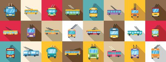 Trolleybus icons set. Set of trolleybus icons showing public transport with long shadow vector