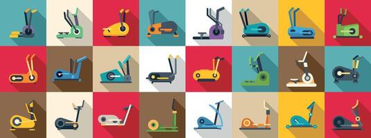 Elliptical Machine icons set. Large set of different modern colorful elliptical trainers for gym and home workout in flat style with long shadow on background vector